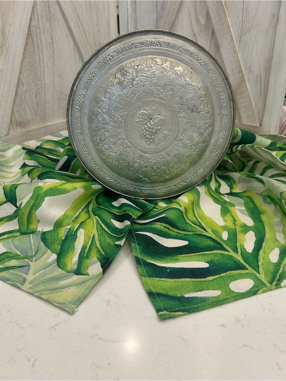 Embossed Silver Metal Storage Tin- Decorative Grape Motif